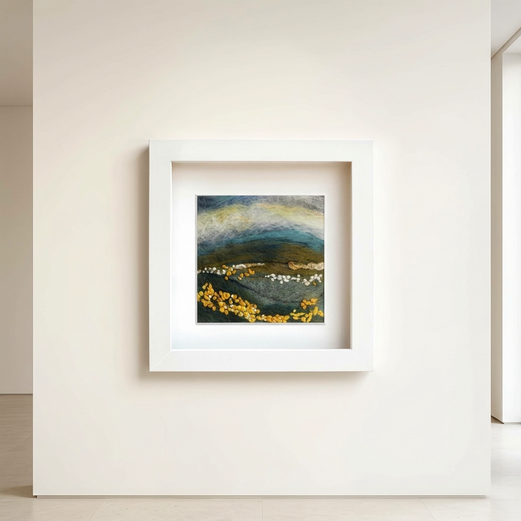 A framed landscape in felt, shown on a softly lit gallery wall