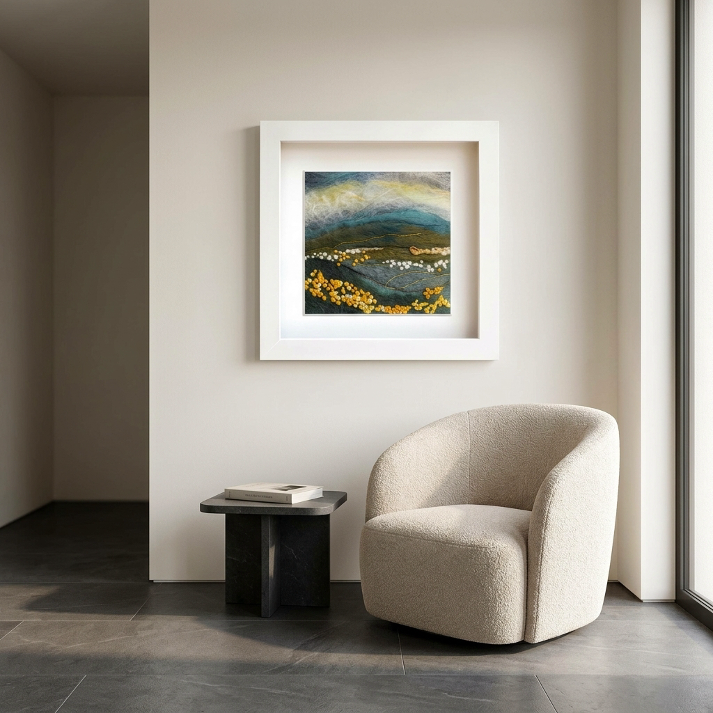 Framed felt artwork beside a quiet reading corner