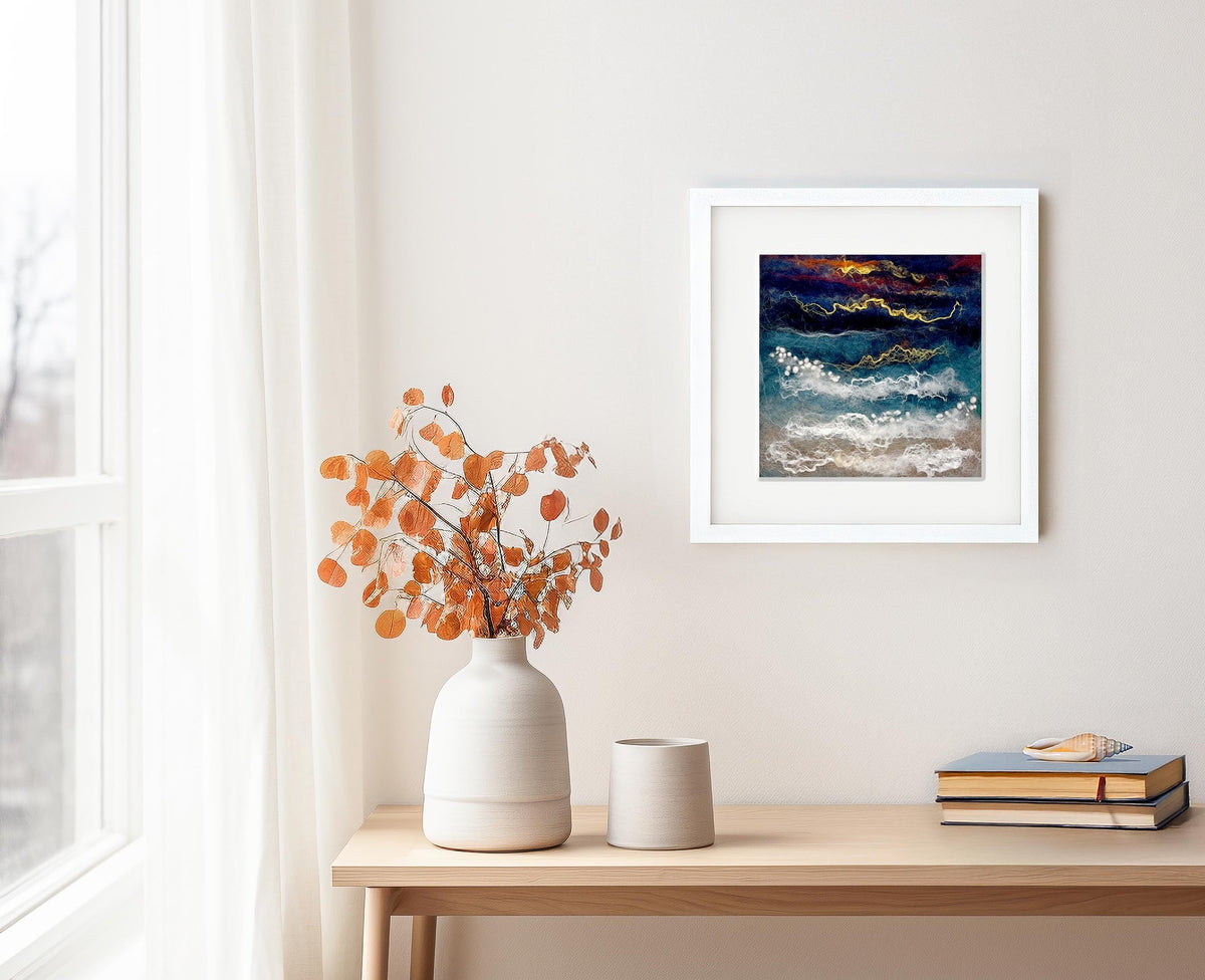 Ember Tide Irish landscape felt art in wool and mulberry silk; frame 23x23cm; picture 15x15cm