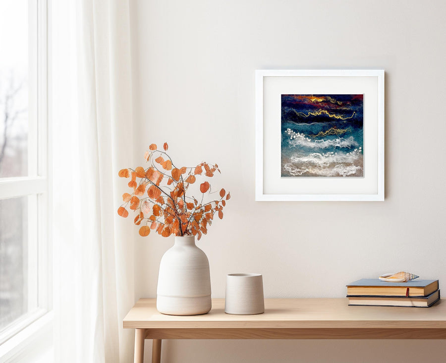 Ember Tide Irish landscape felt art in wool and mulberry silk; frame 23x23cm; picture 15x15cm