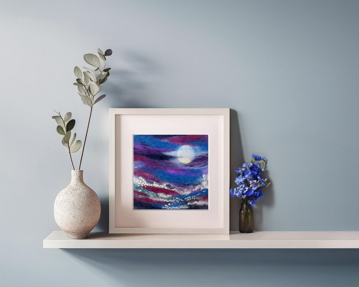 Silvery Moon Irish landscape felt art in wool and mulberry silk; frame 23x23cm; picture 12x12cm