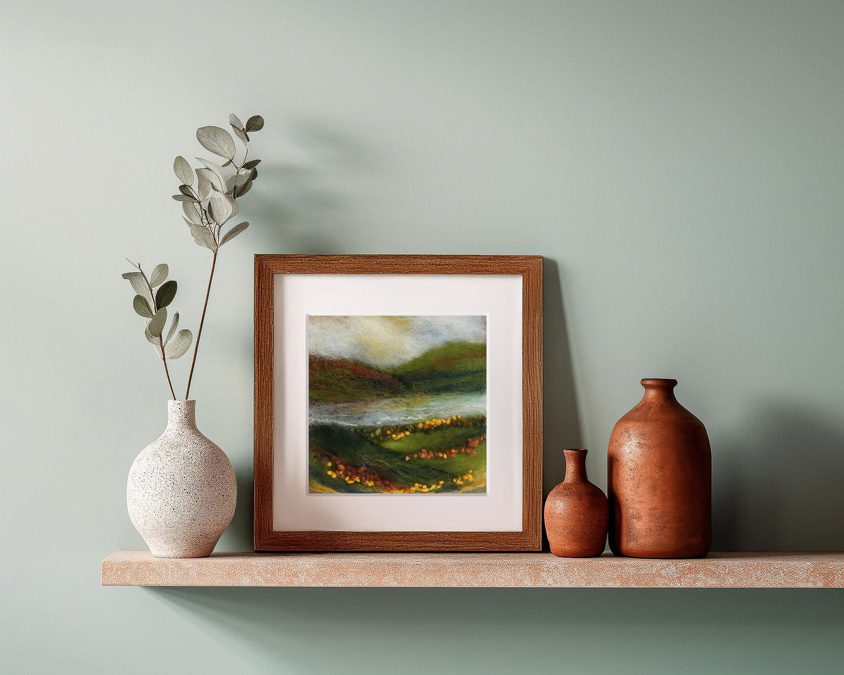 Still Waters, Quiet Land Irish landscape felt art in wool and mulberry silk; frame 23x23cm; picture 12x12cm