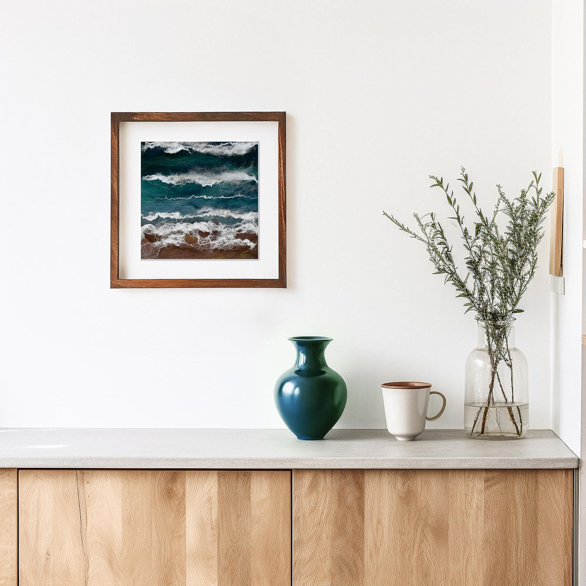 Ebb & Flow Irish seascape felt art in wool and mulberry silk; frame 28x28cm; picture 15x15cm