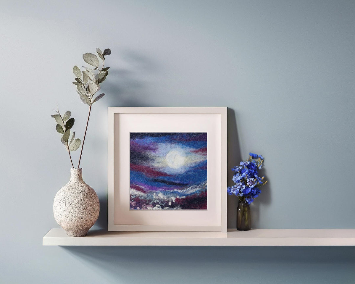 Silvery Moon wool and mulberry silk Irish landscape felt art, shadow box frame 28x28cm; picture 15x15cm