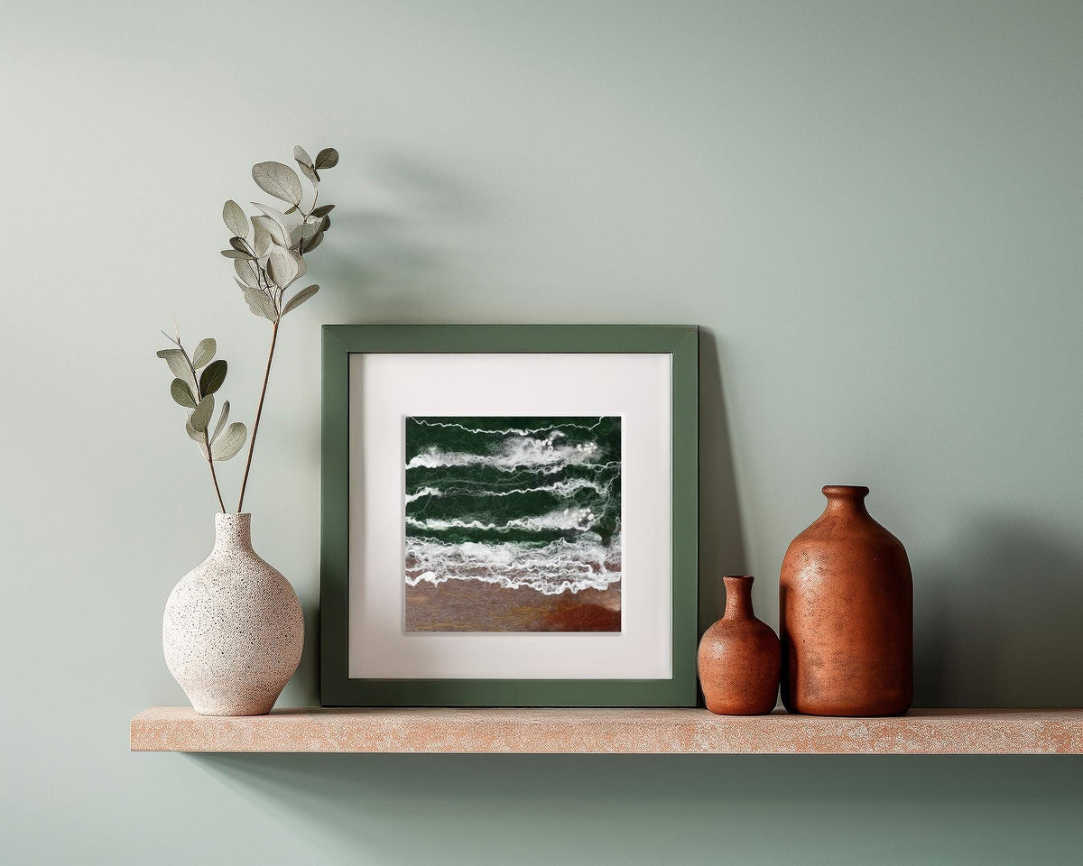 Emerald Ocean Irish landscape felt art in wool and mulberry silk; frame 28x28cm; picture 15x15cm