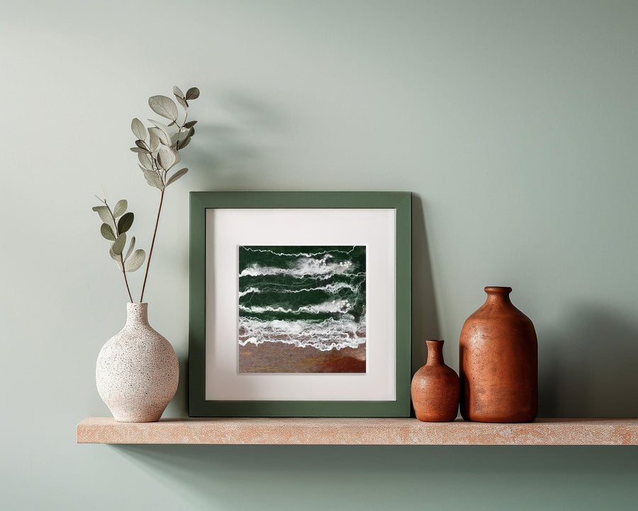 Emerald Ocean Irish landscape felt art in wool and mulberry silk; frame 28x28cm; picture 15x15cm